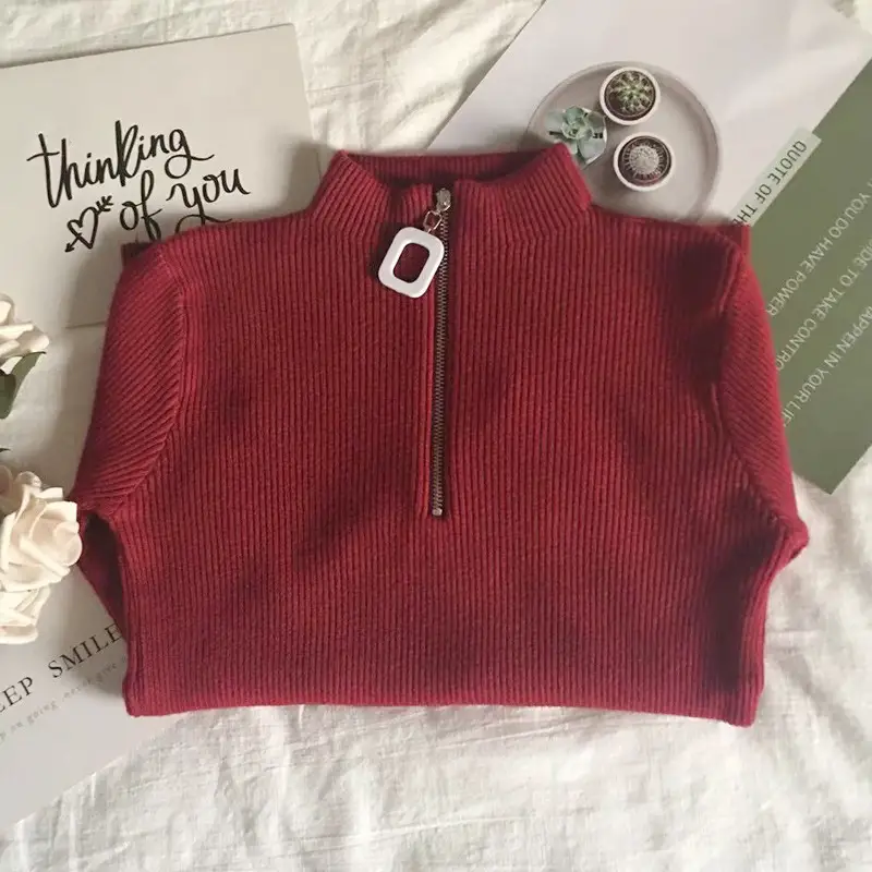 Korean Style Slim Fit Green Squares Zipper Turtleneck Sweater - Image 8