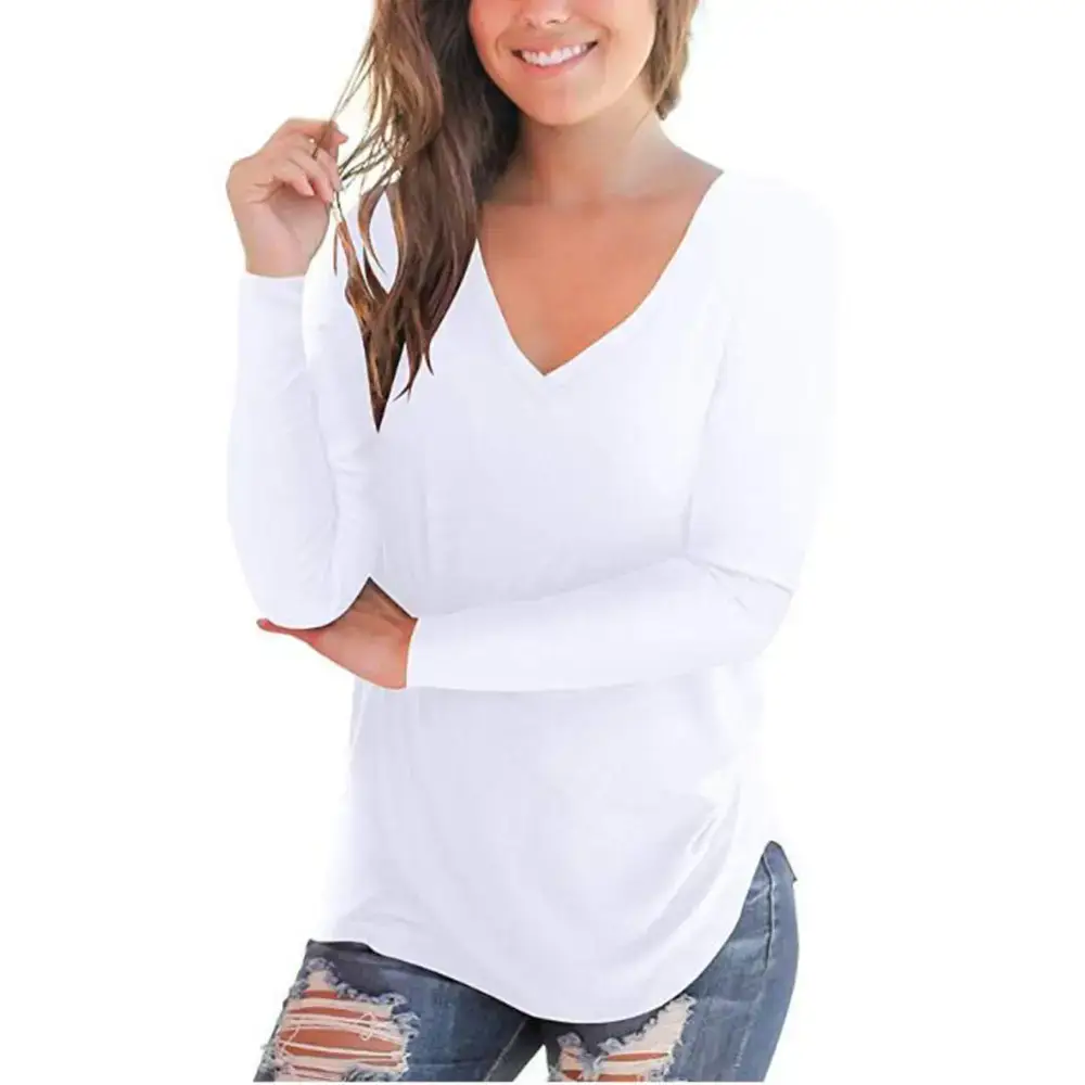 Women V-neck Long Sleeve Green T-Shirt - Image 2