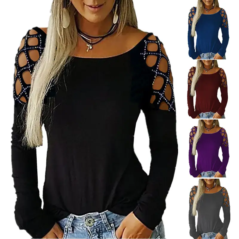 Women's Rhinestone Cold Shoulder Top Olive Green - Image 7