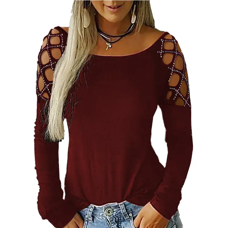 Women's Rhinestone Cold Shoulder Top Olive Green - Image 9