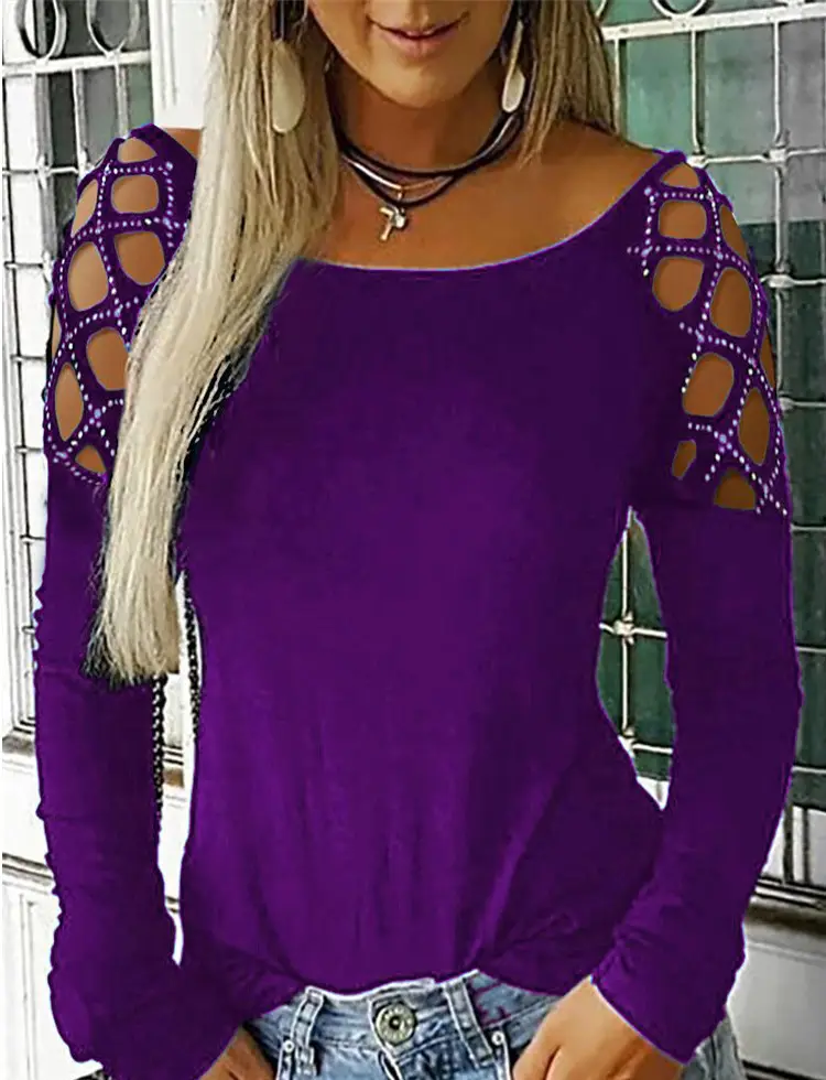 Women's Rhinestone Cold Shoulder Top Olive Green - Image 2