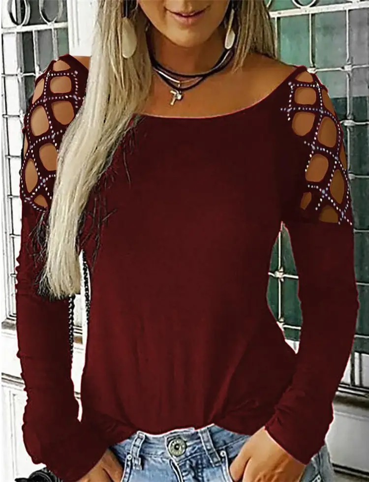 Women's Rhinestone Cold Shoulder Top Olive Green - Image 3