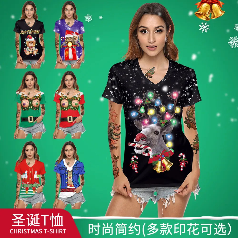 2024 Christmas V Neck T-Shirt Red Digital Print - Image 13