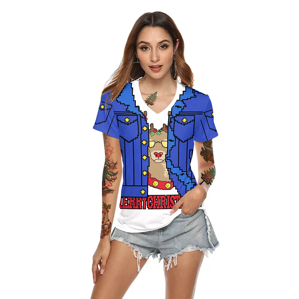 2024 Christmas V Neck T-Shirt Red Digital Print - Image 15