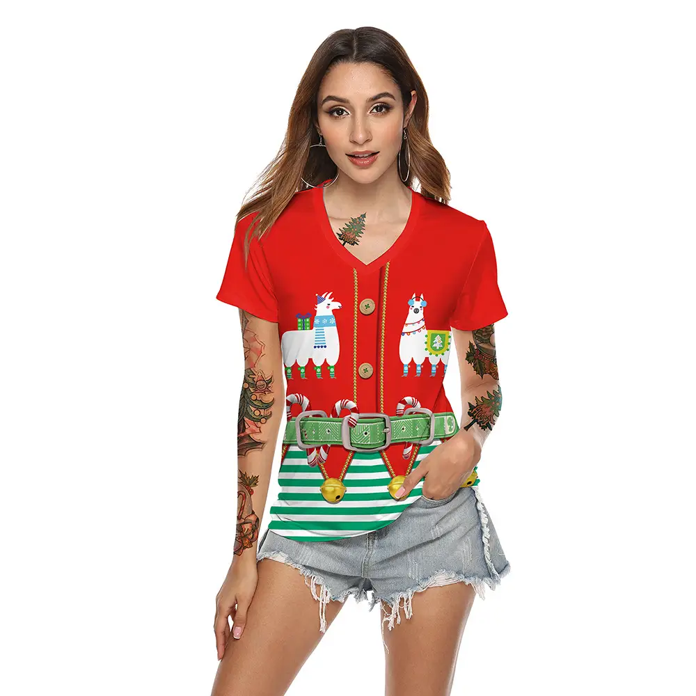 2024 Christmas V Neck T-Shirt Red Digital Print - Image 17