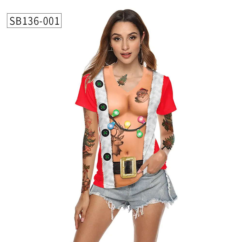 2024 Christmas V Neck T-Shirt Red Digital Print — feature 12