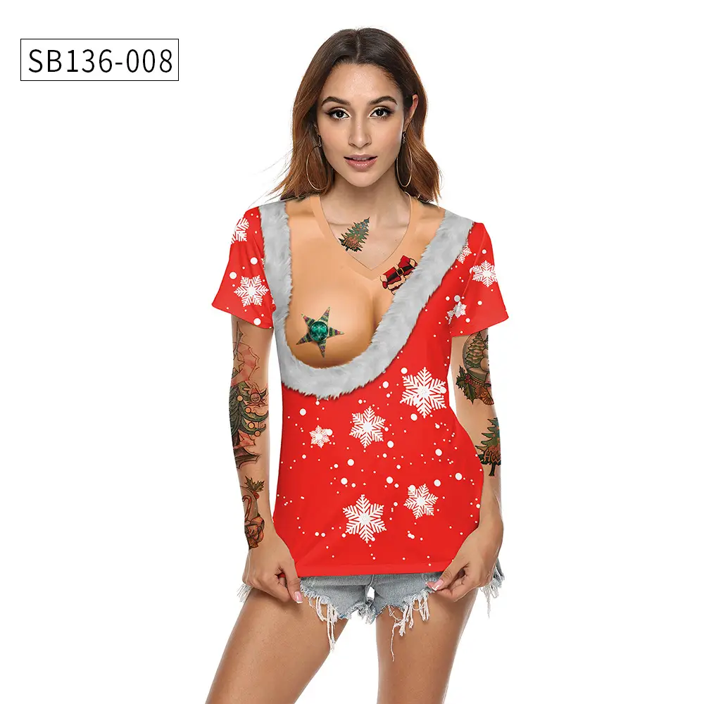 2024 Christmas V Neck T-Shirt Red Digital Print — feature 18