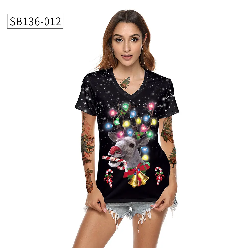 2024 Christmas V Neck T-Shirt Red Digital Print — feature 22