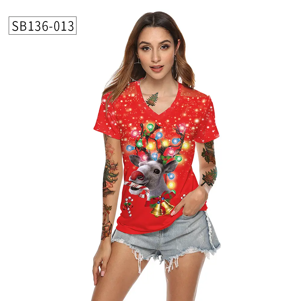 2024 Christmas V Neck T-Shirt Red Digital Print — feature 23