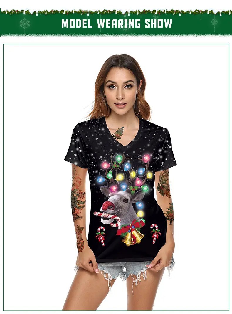 2024 Christmas V Neck T-Shirt Red Digital Print — feature 8