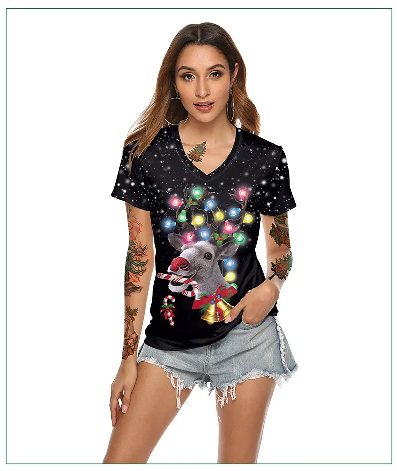 2024 Christmas V Neck T-Shirt Red Digital Print — feature 9