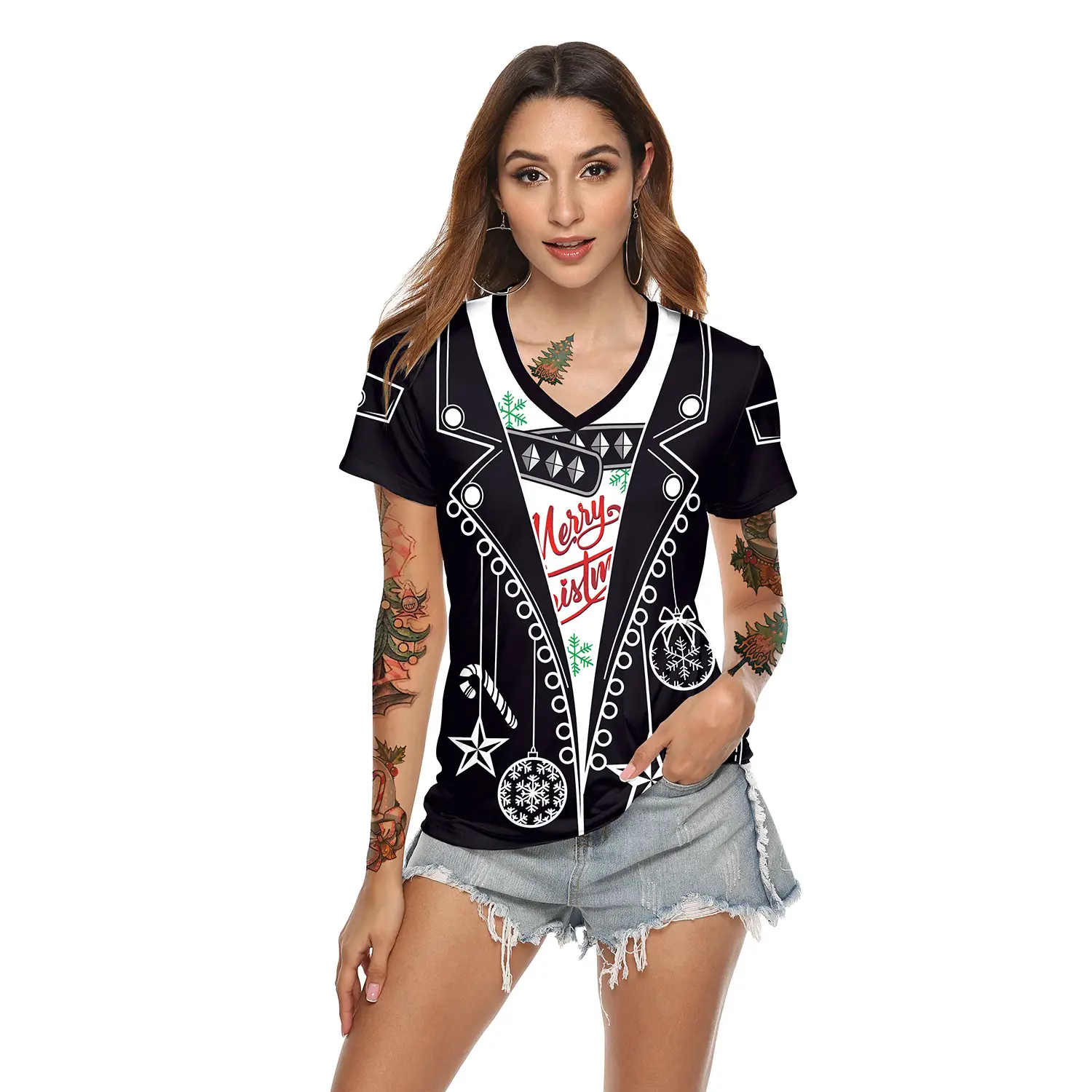 2024 Christmas V Neck T-Shirt Red Digital Print - Image 8