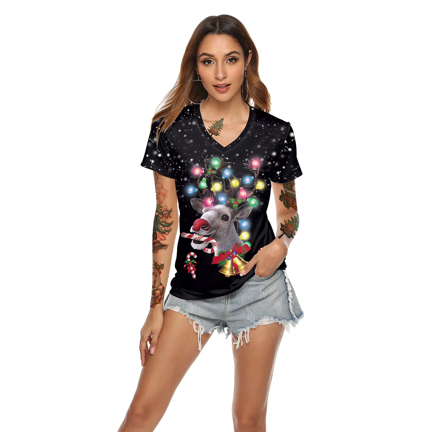 2024 Christmas V Neck T-Shirt Red Digital Print - Image 9