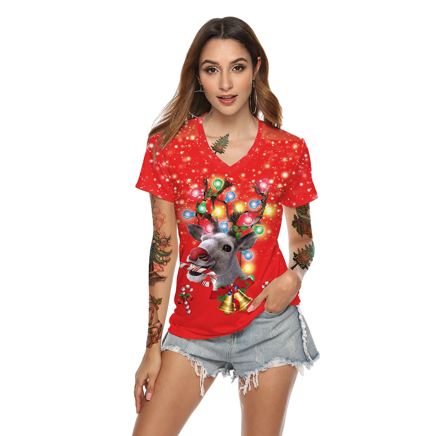 2024 Christmas V Neck T-Shirt Red Digital Print - Image 10