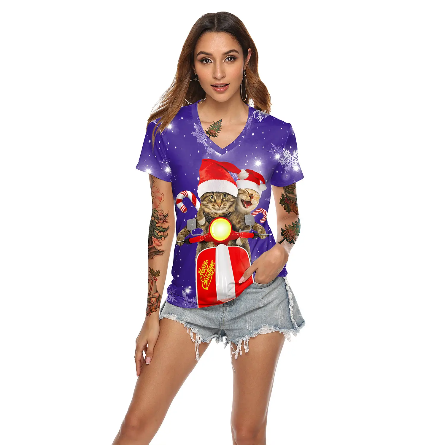 2024 Christmas V Neck T-Shirt Red Digital Print - Image 12