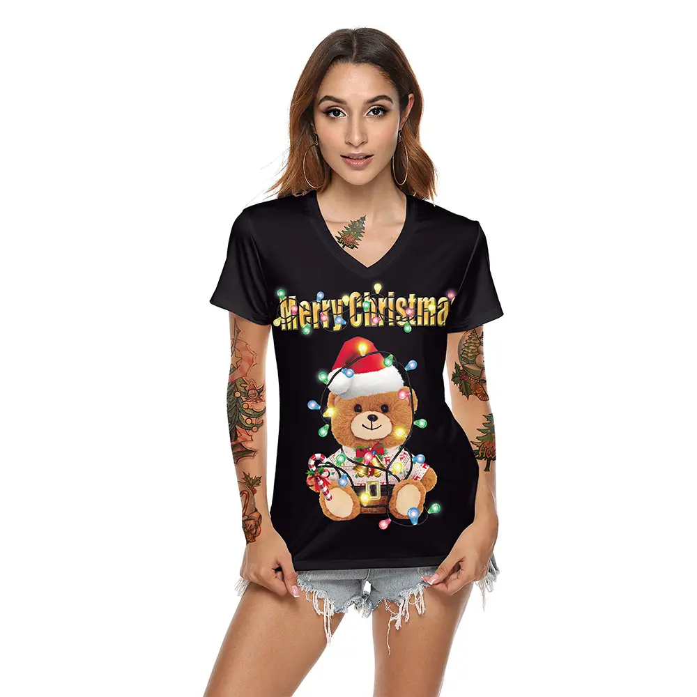 2024 Christmas V Neck T-Shirt Red Digital Print - Image 2