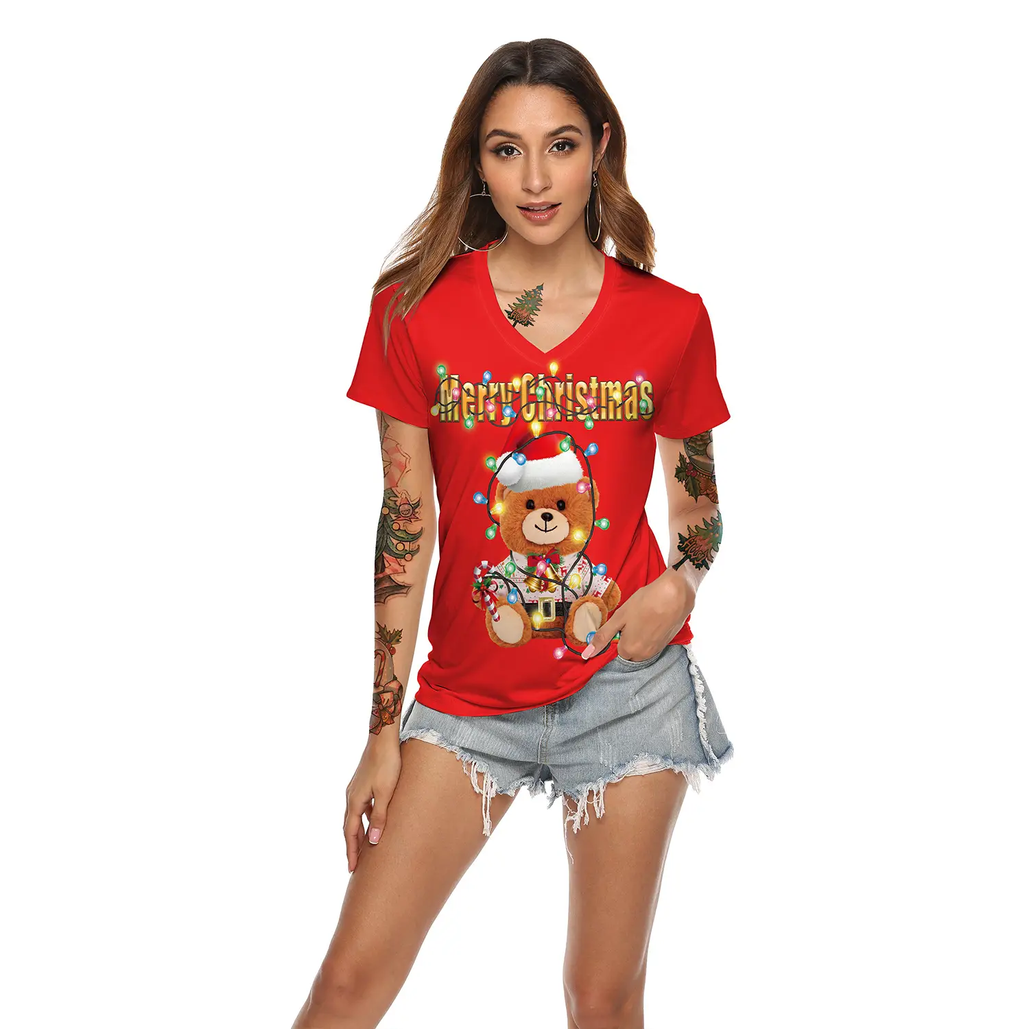 2024 Christmas V Neck T-Shirt Red Digital Print - Image 3