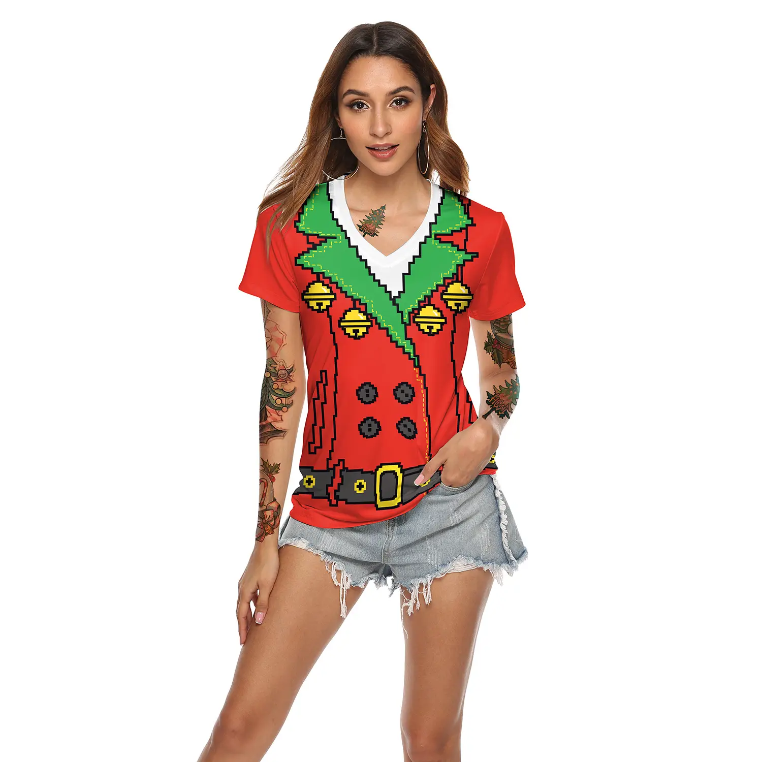 2024 Christmas V Neck T-Shirt Red Digital Print - Image 7
