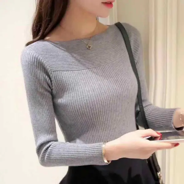Brown Long Sleeve Ribbed Women's Shirt - Image 2
