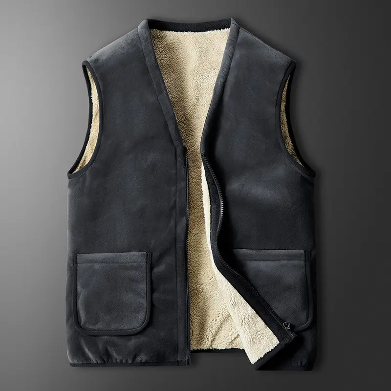 Men's Black Velvet V-Neck Vest Winter Warm Sleeveless - Image 4