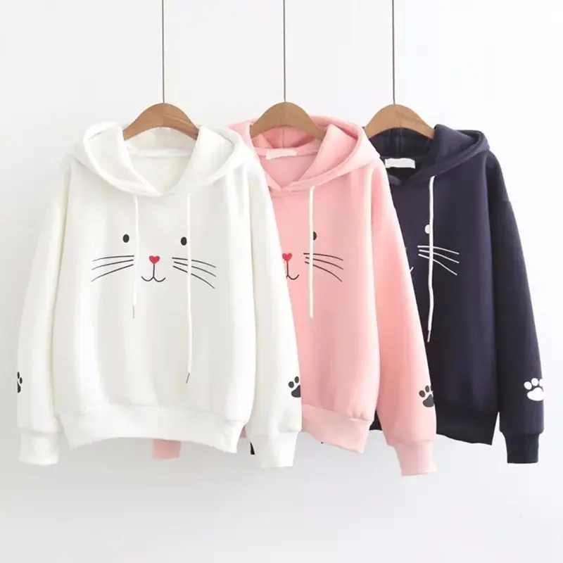 Women Harajuku Cat Print Hoodie Navy Long Sleeve - Image 2