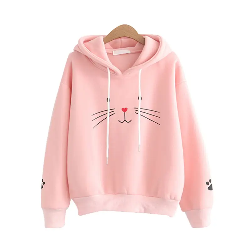 Women Harajuku Cat Print Hoodie Navy Long Sleeve - Image 5