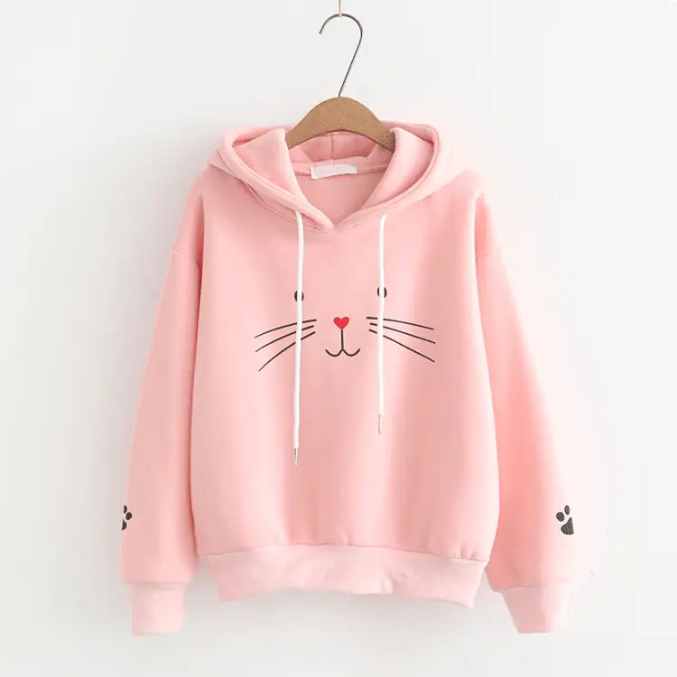 Women Harajuku Cat Print Hoodie Navy Long Sleeve — feature 2