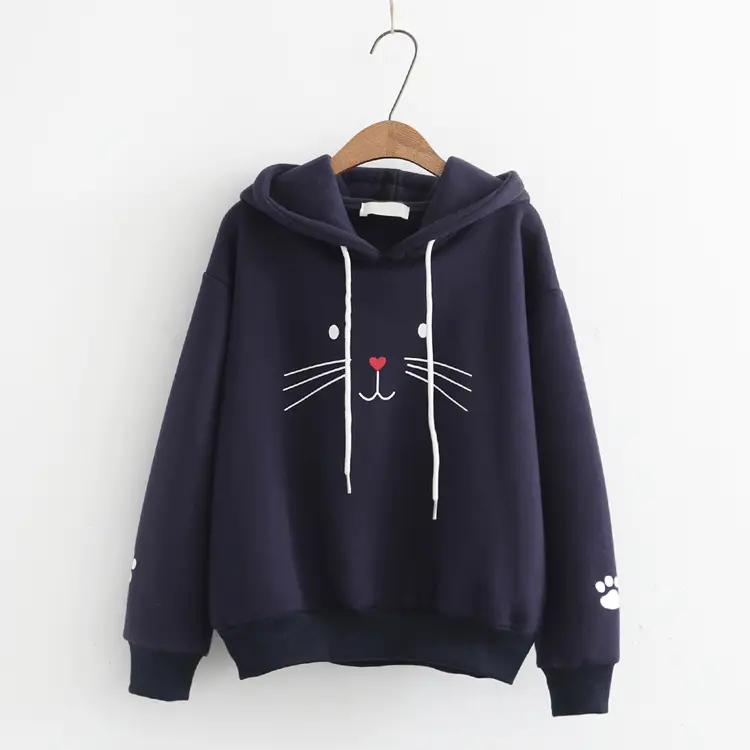 Women Harajuku Cat Print Hoodie Navy Long Sleeve — feature 3