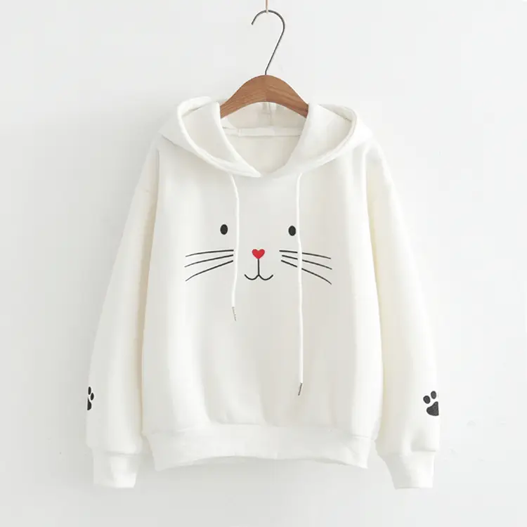 Women Harajuku Cat Print Hoodie Navy Long Sleeve — feature 4