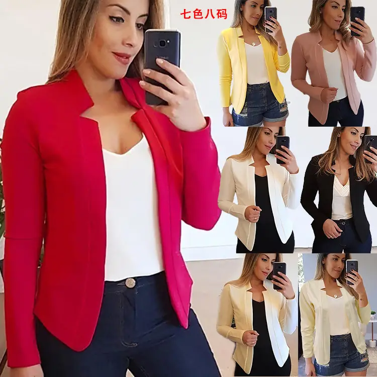 Blue Long Sleeve Cardigan Suit Jacket Top for Women