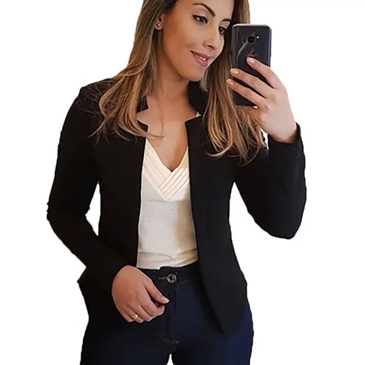 Blue Long Sleeve Cardigan Suit Jacket Top for Women