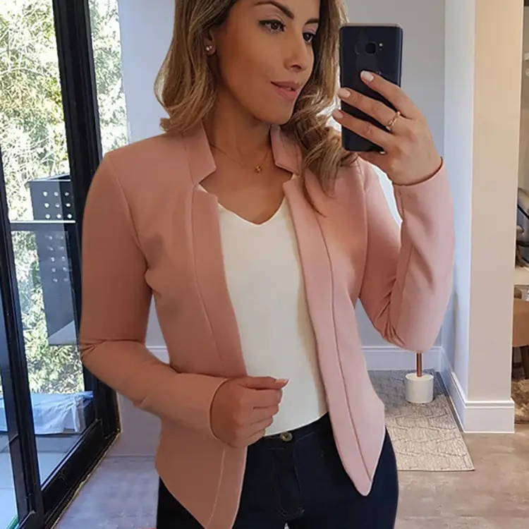 Blue Long Sleeve Cardigan Suit Jacket Top for Women