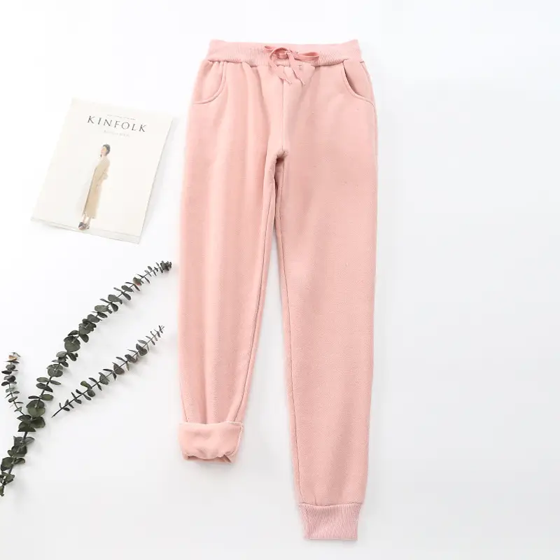 Women Fleece Lined Sweatpants Pink Ankle Tied - Image 2