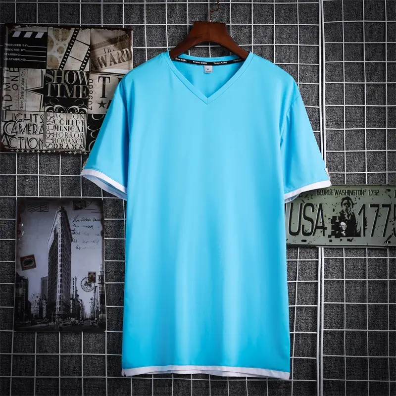 Men V-neck Pure Cotton T-shirt Green 2020 - Image 12