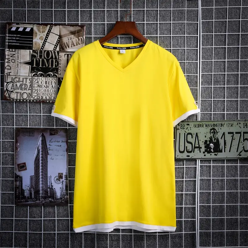 Men V-neck Pure Cotton T-shirt Green 2020 - Image 13