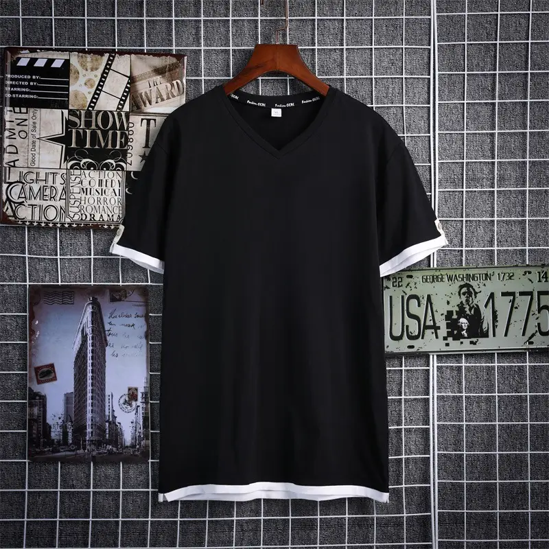 Men V-neck Pure Cotton T-shirt Green 2020 - Image 4