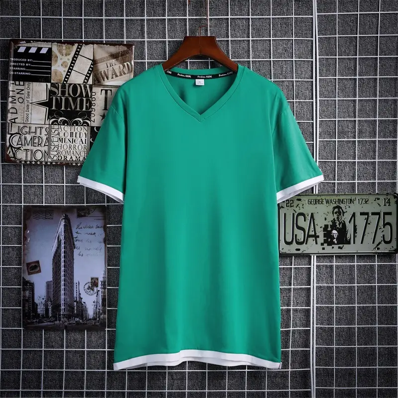 Men V-neck Pure Cotton T-shirt Green 2020 - Image 6