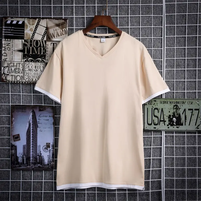 Men V-neck Pure Cotton T-shirt Green 2020 - Image 9