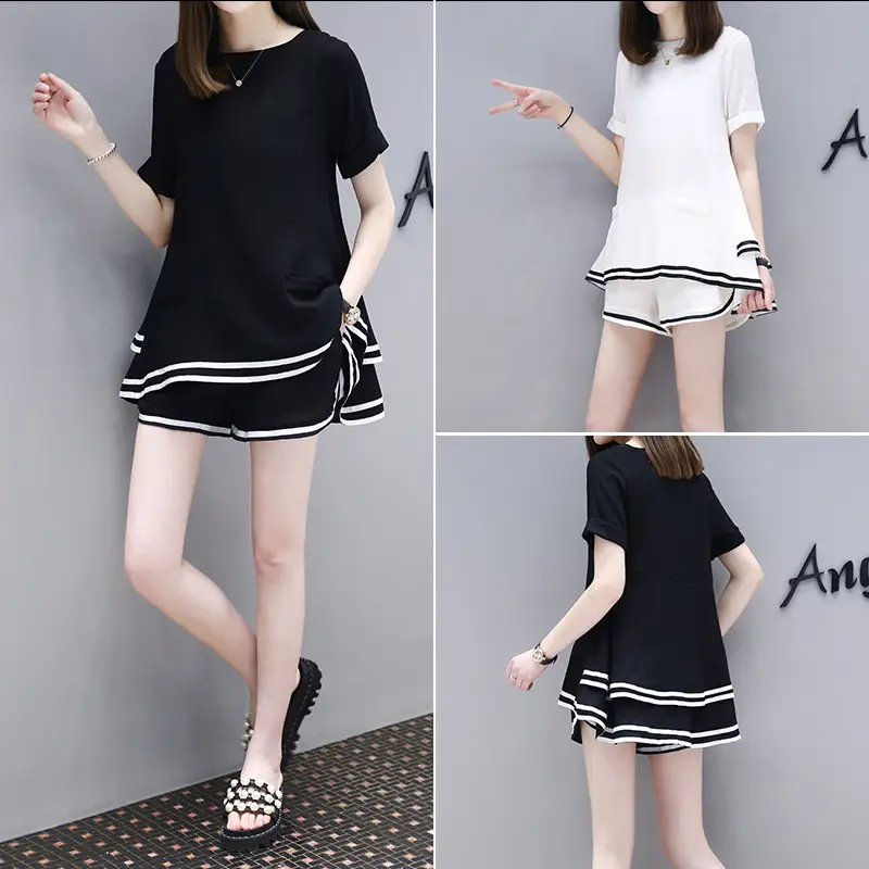 Women Black White Striped Shorts Set Casual Summer — feature 2
