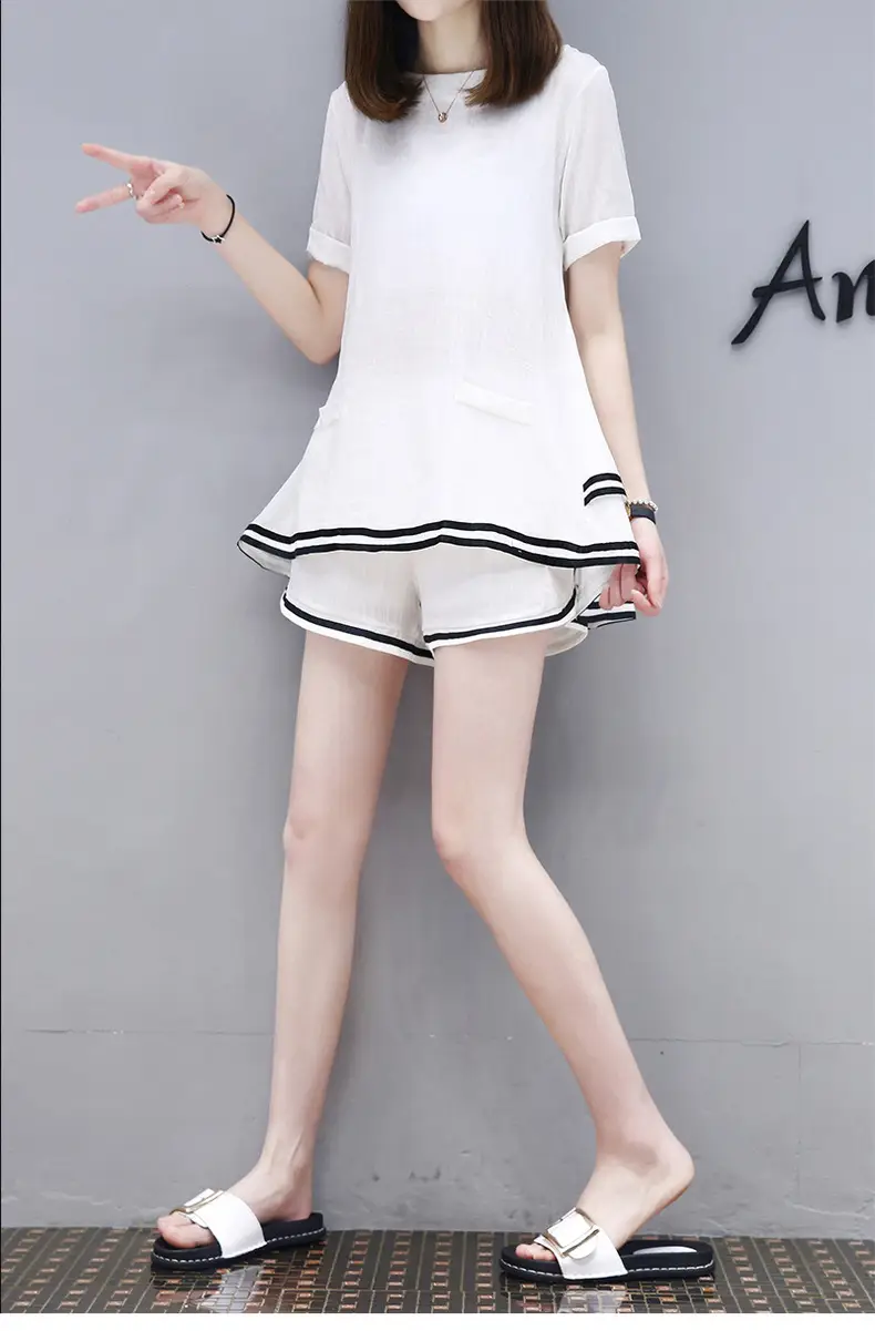 Women Black White Striped Shorts Set Casual Summer — feature 22