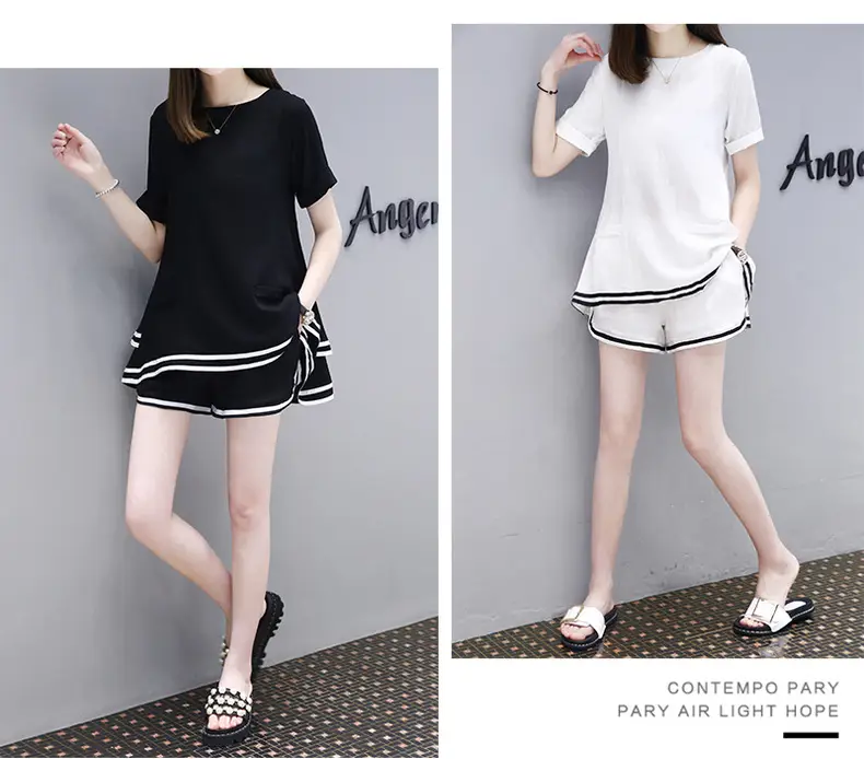 Women Black White Striped Shorts Set Casual Summer — feature 24