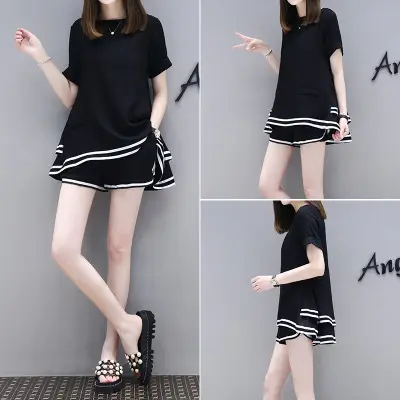 Women Black White Striped Shorts Set Casual Summer — feature 5