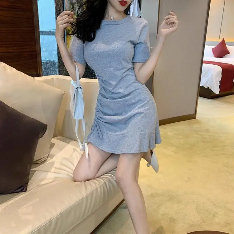 Women's Blue Short Sleeve Ruffled Tie Dress — feature 3