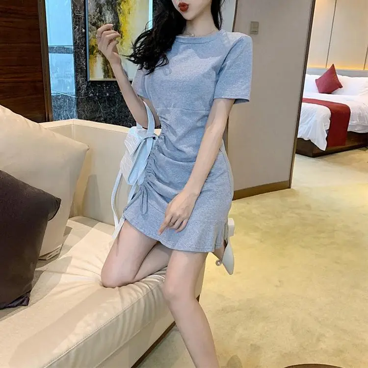 Women's Blue Short Sleeve Ruffled Tie Dress — feature 5