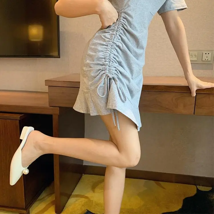 Women's Blue Short Sleeve Ruffled Tie Dress — feature 6