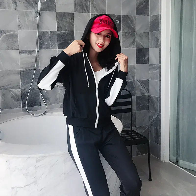 2021 Hooded Sweatshirt Track Suit Black White Women - Image 3