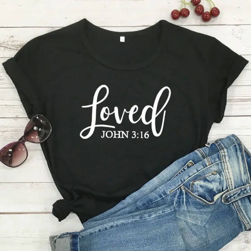 Loved John 3:16 T-Shirt Grey Cotton Short Sleeve - Image 2
