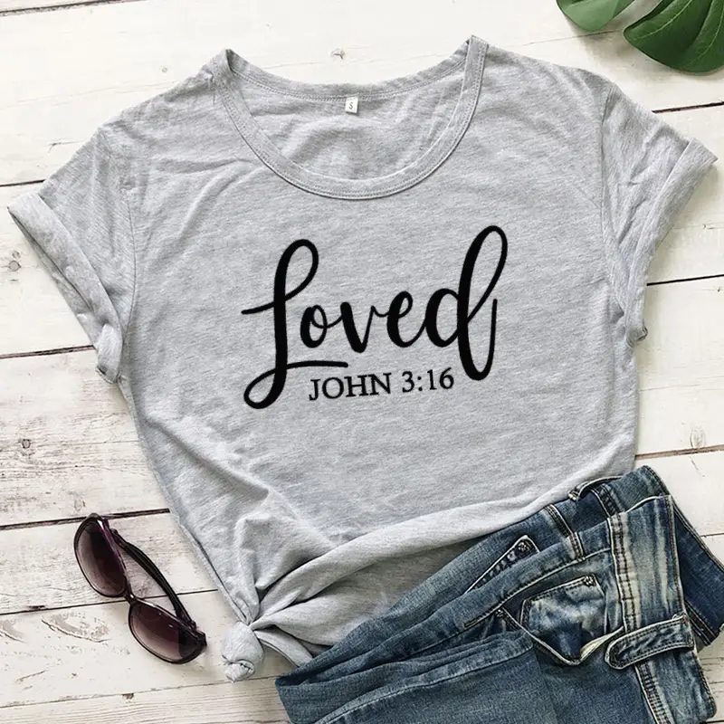Loved John 3:16 T-Shirt Grey Cotton Short Sleeve - Image 3