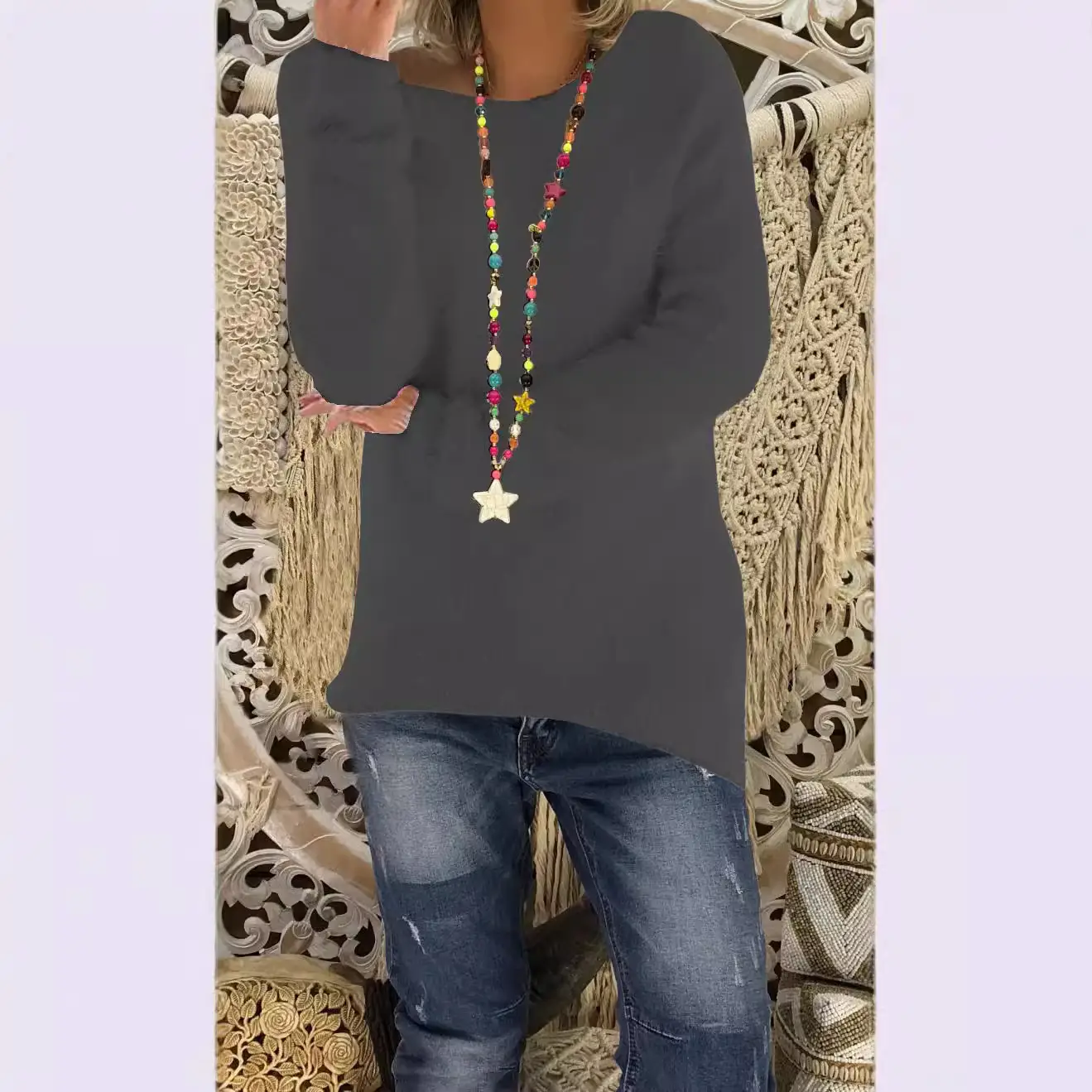 Women's White Long Sleeve Loose Sweater with Colorful Necklace - Image 16