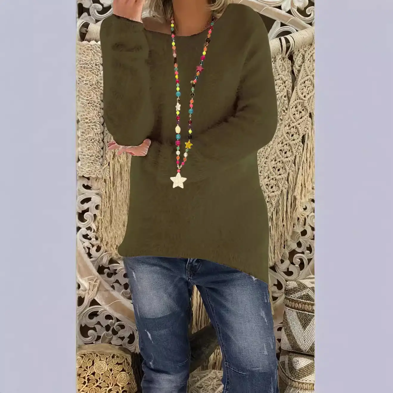 Women's White Long Sleeve Loose Sweater with Colorful Necklace - Image 17